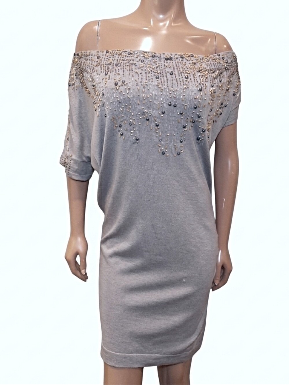 Nanette Lepore Beaded Off Shoulder Asymmetric Dress Silk Blend Dolman Sleeve